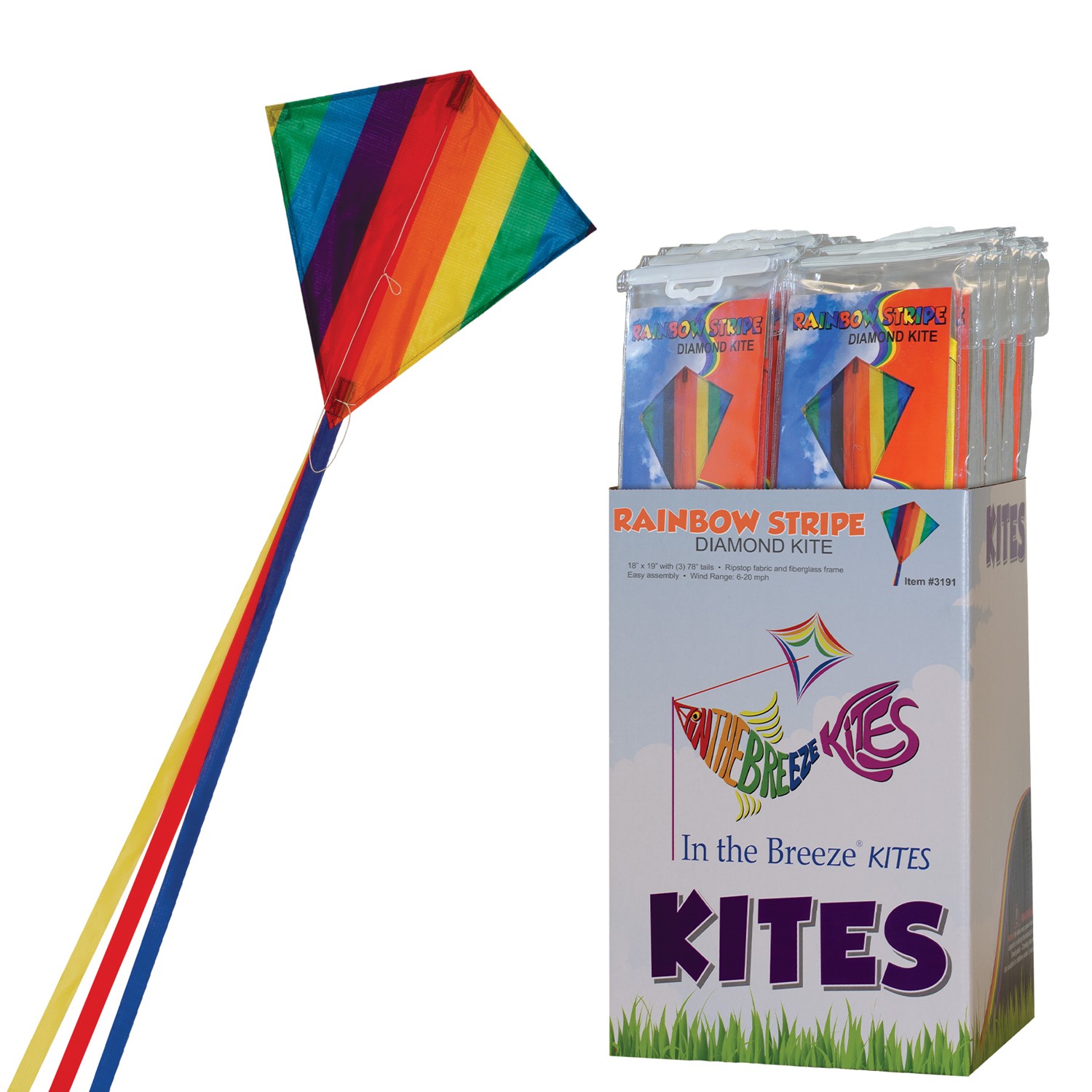 In the Breeze Rainbow Stripe 18" Diamond Kite 36 PC POP Display 3191-D