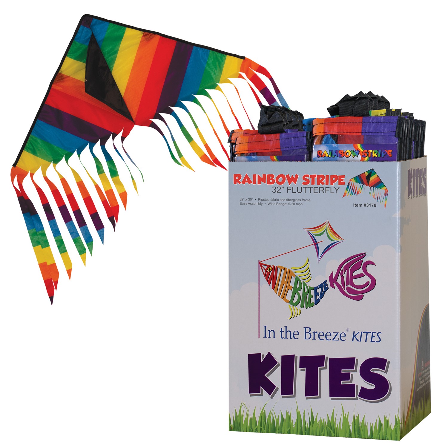 In the Breeze Rainbow Stripe 32" Flutterfly Delta Kite 24 PC POP Display 3178-D