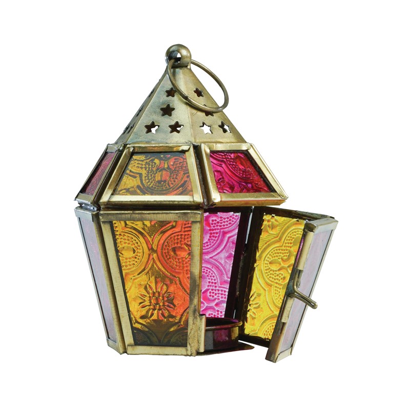 In the Breeze Mini Pink & Yellow Hex Glass Tealight Lantern 9204