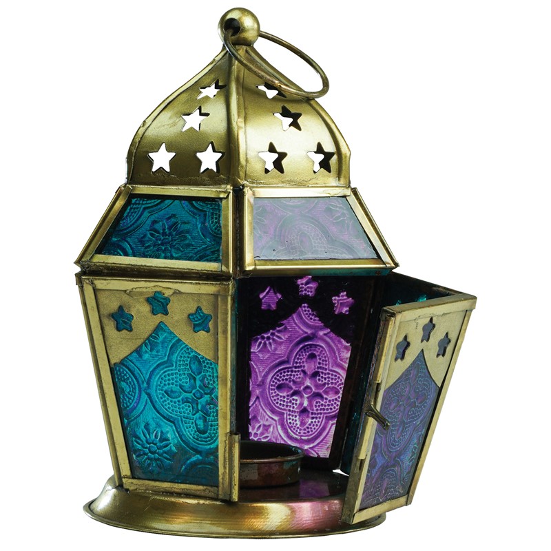 In the Breeze Teal & Purple Hex Glass Tealight Lantern 9210