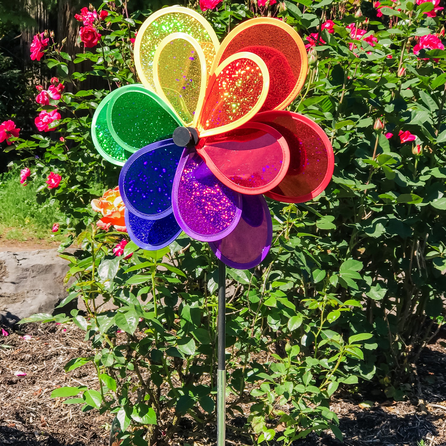 Doppia Turbina Eolica Decorativa CIM Petite Rainbow Flower - 40x160 Cm Fiore Metallico Per Giardino - Foto 2